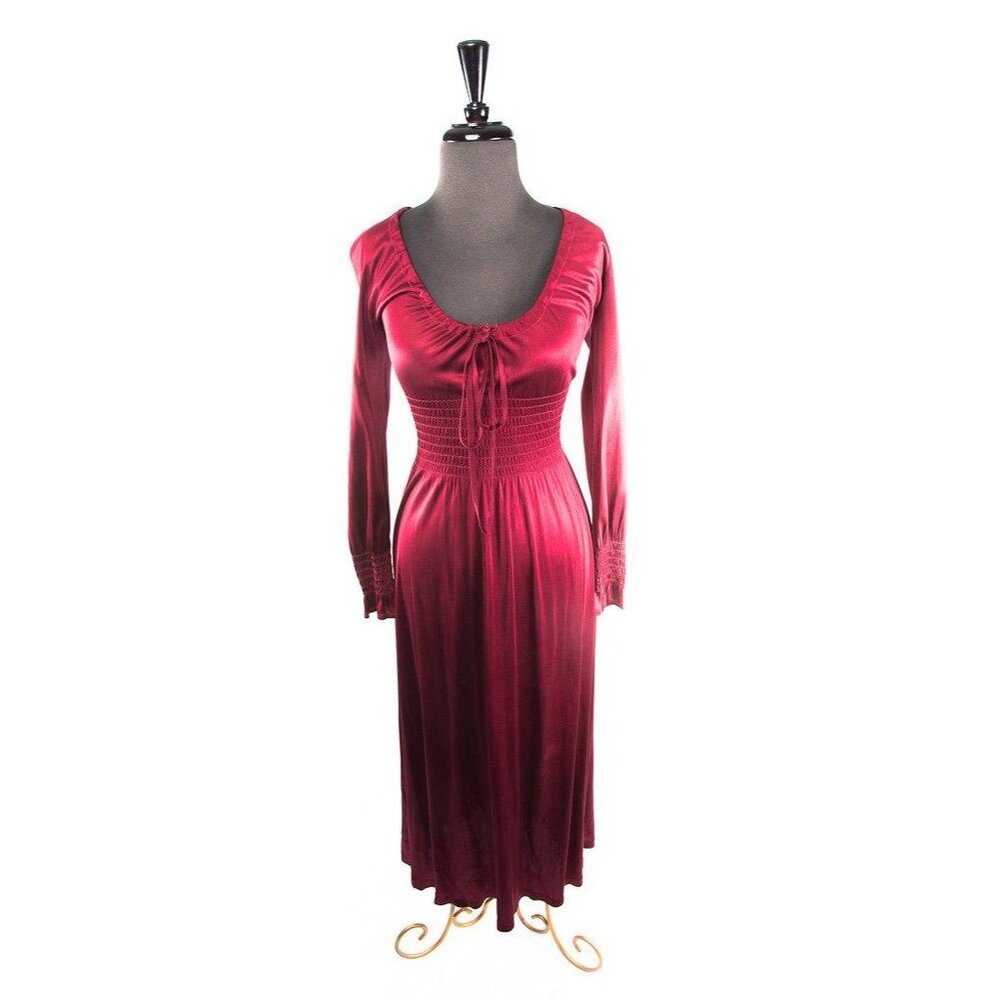 Vintage 1970's Burgundy Zainit London Maxi Dress Plunging Neckline Smocked Waist
